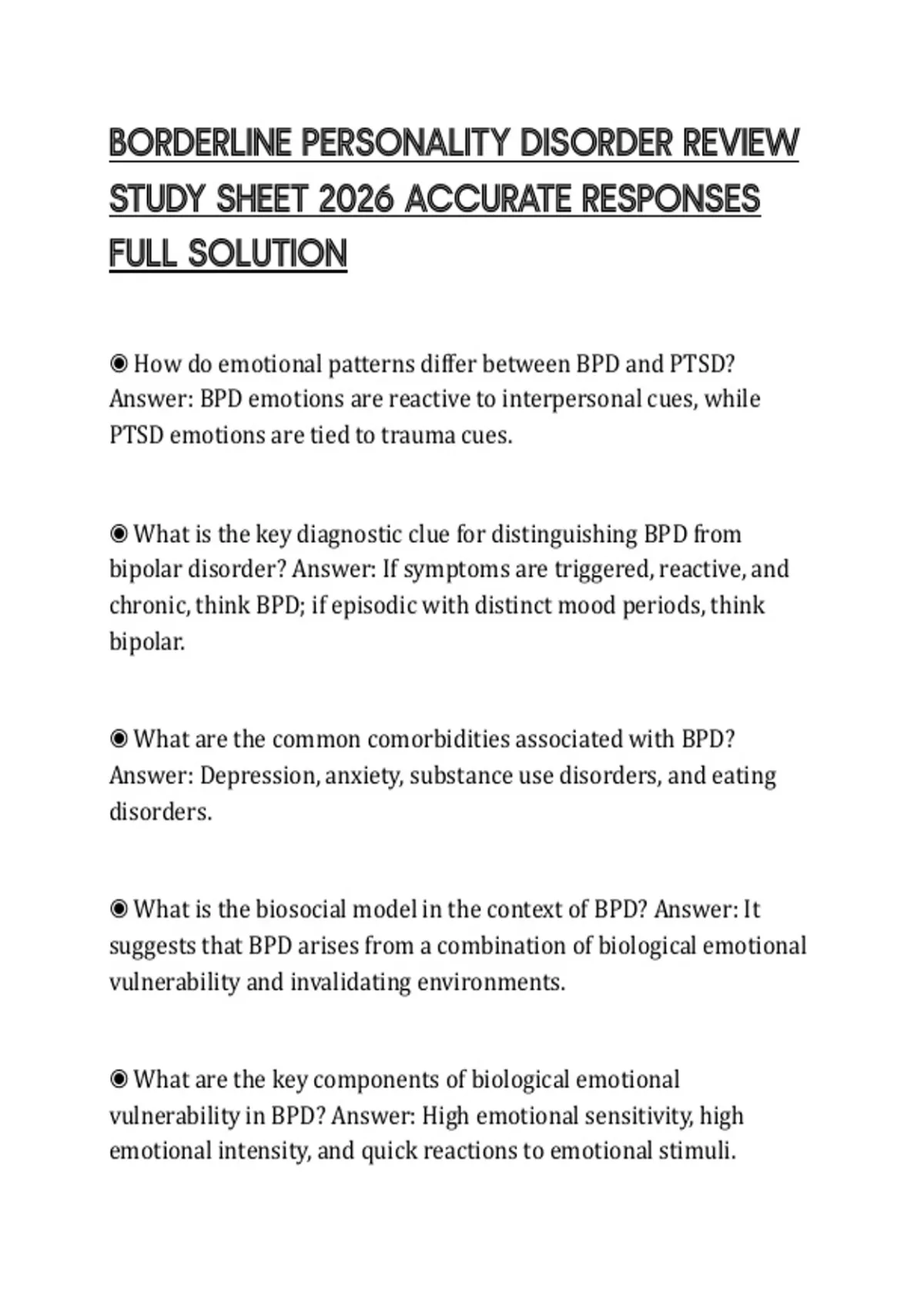 BORDERLINE PERSONALITY DISORDER REVIEW STUDY SHEET 2026 ACCURATE ...