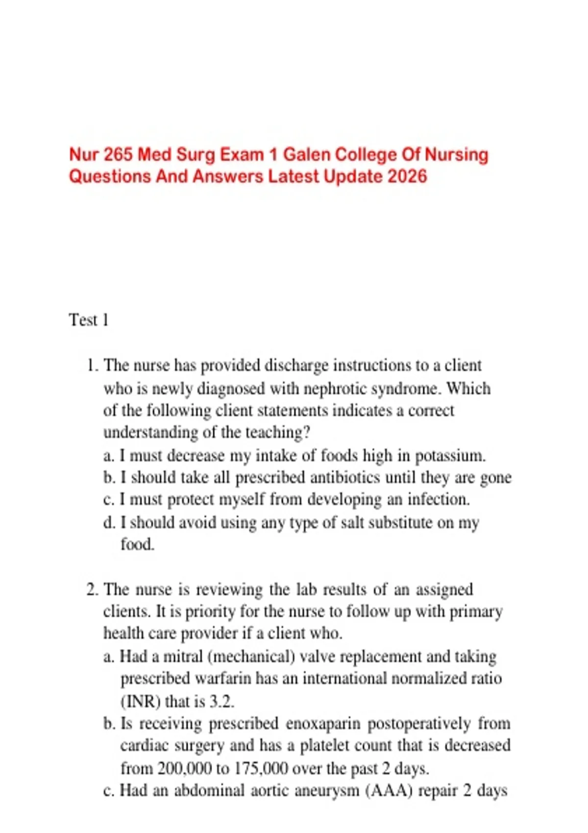 Nur 265 Med Surg Exam 1 Galen College Of Nursing Questions And Answers ...