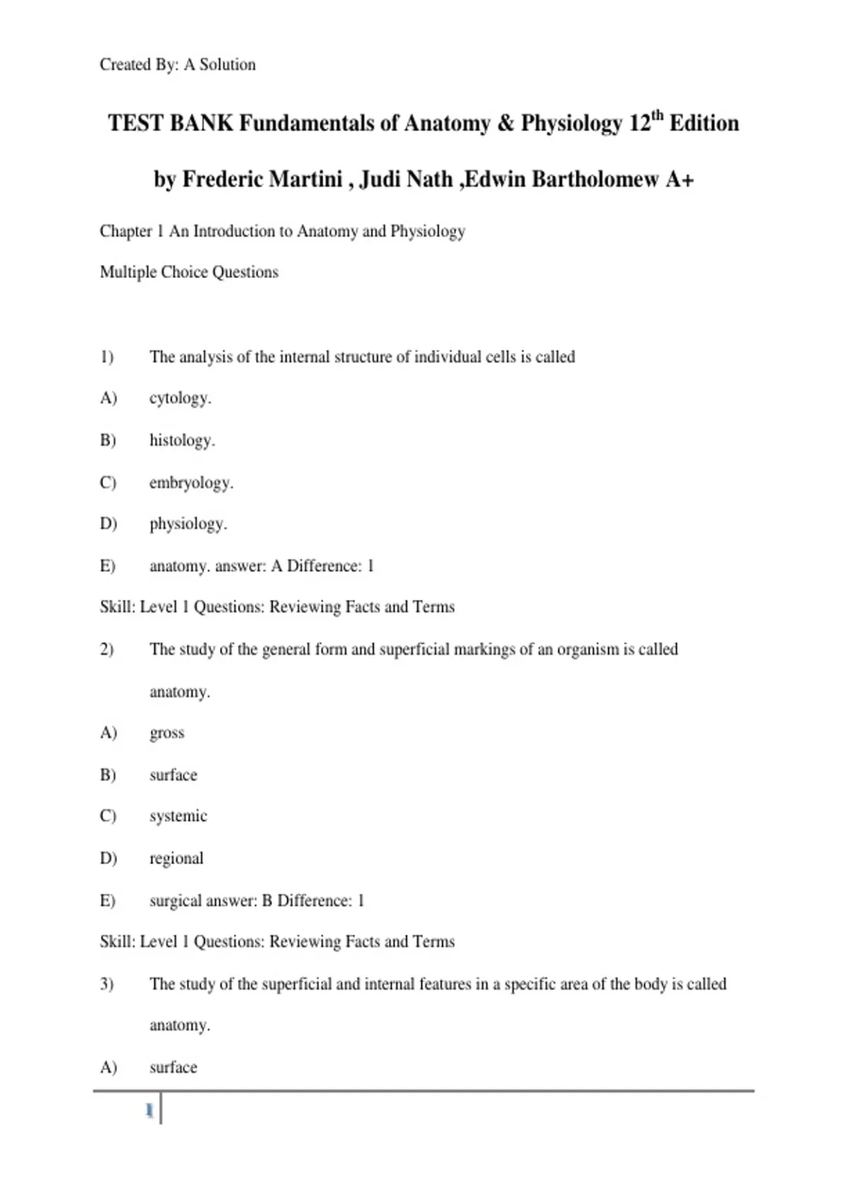 Test Bank For Fundamentals of Anatomy and Physiology, 12th Edition by ...