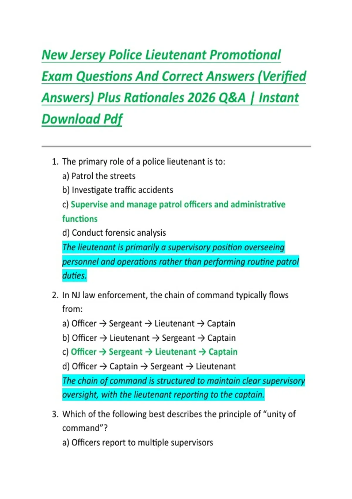 New Jersey Police Lieutenant Promotional Exam Questions And Correct Answers (Verified Answers ...