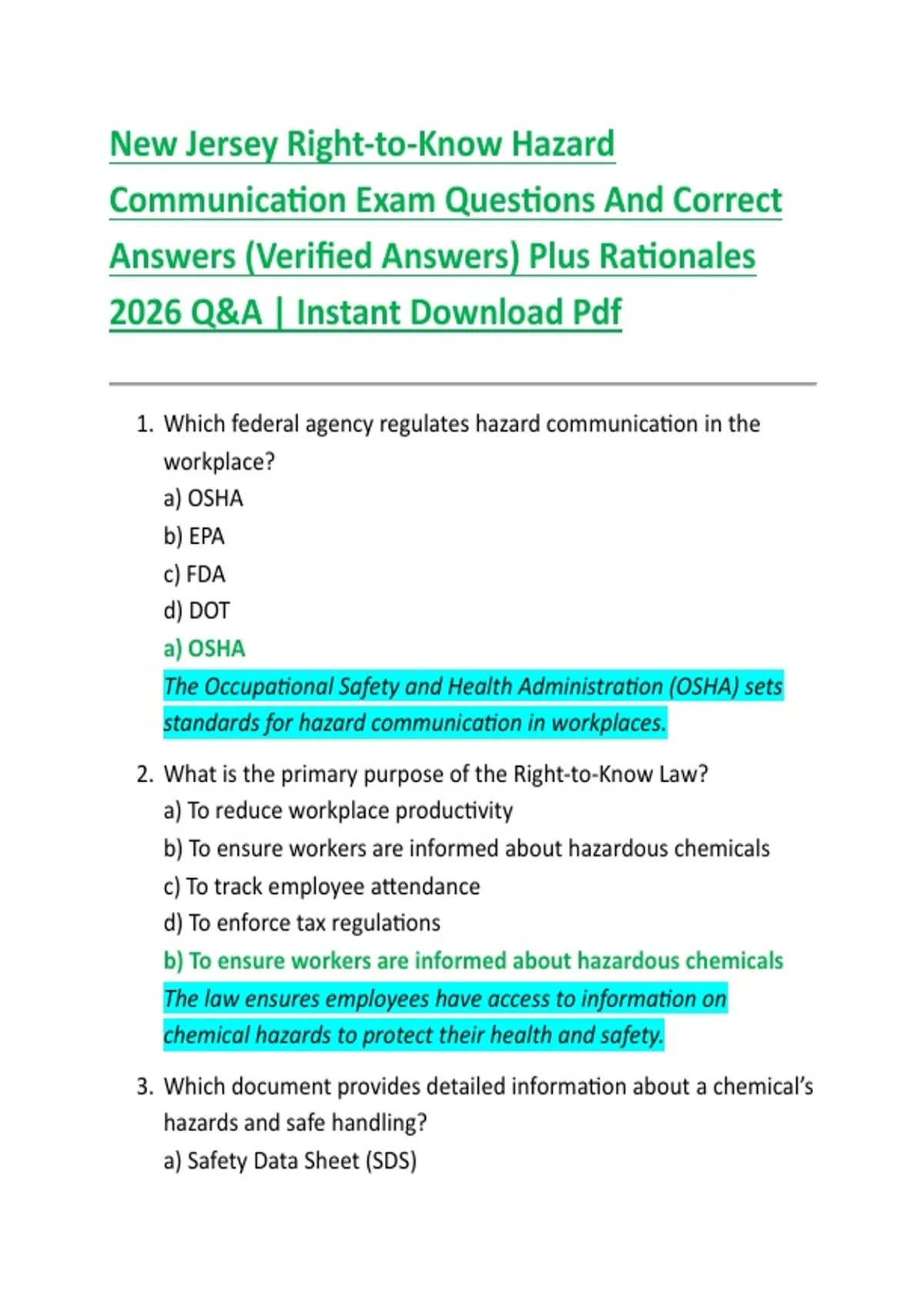 New Jersey Right-to-Know Hazard Communication Exam Questions And ...