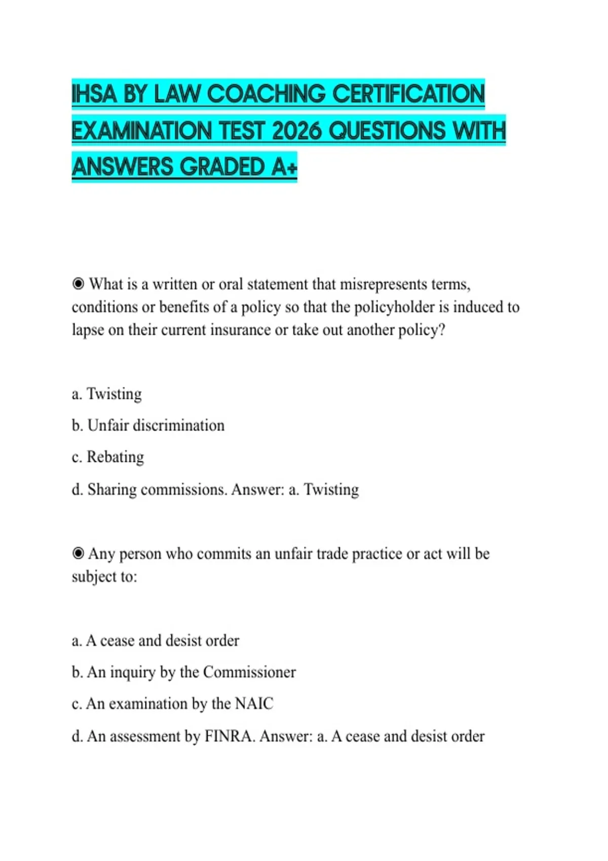 IHSA BY LAW COACHING CERTIFICATION EXAMINATION TEST 2026 QUESTIONS WITH ANSWERS GRADED A+ - IHSA ...