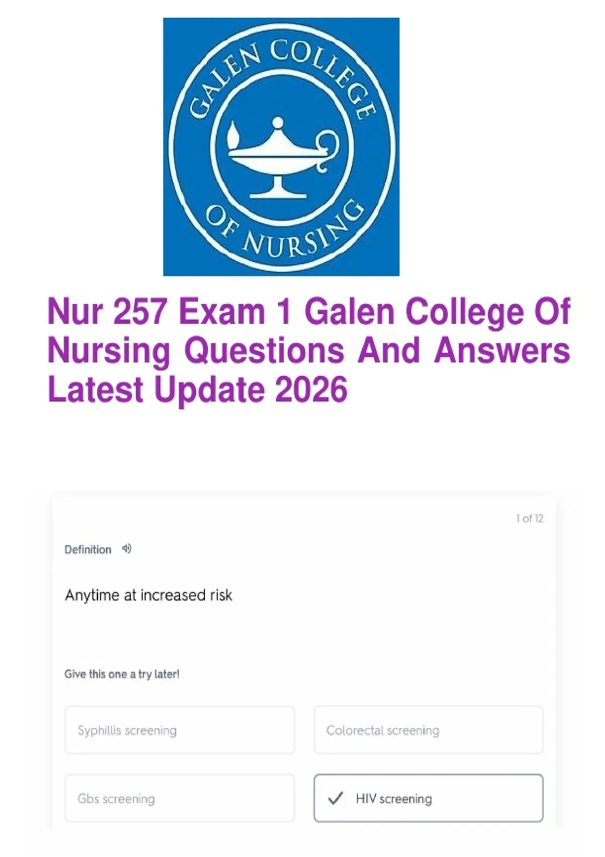 Nur 257 Exam 1 Galen College Of Nursing Questions And Answers Latest ...