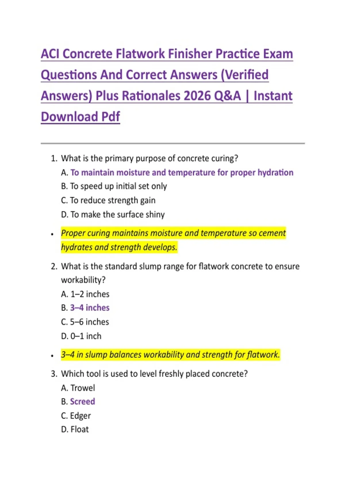 ACI Concrete Flatwork Finisher Practice Exam Questions And Correct ...