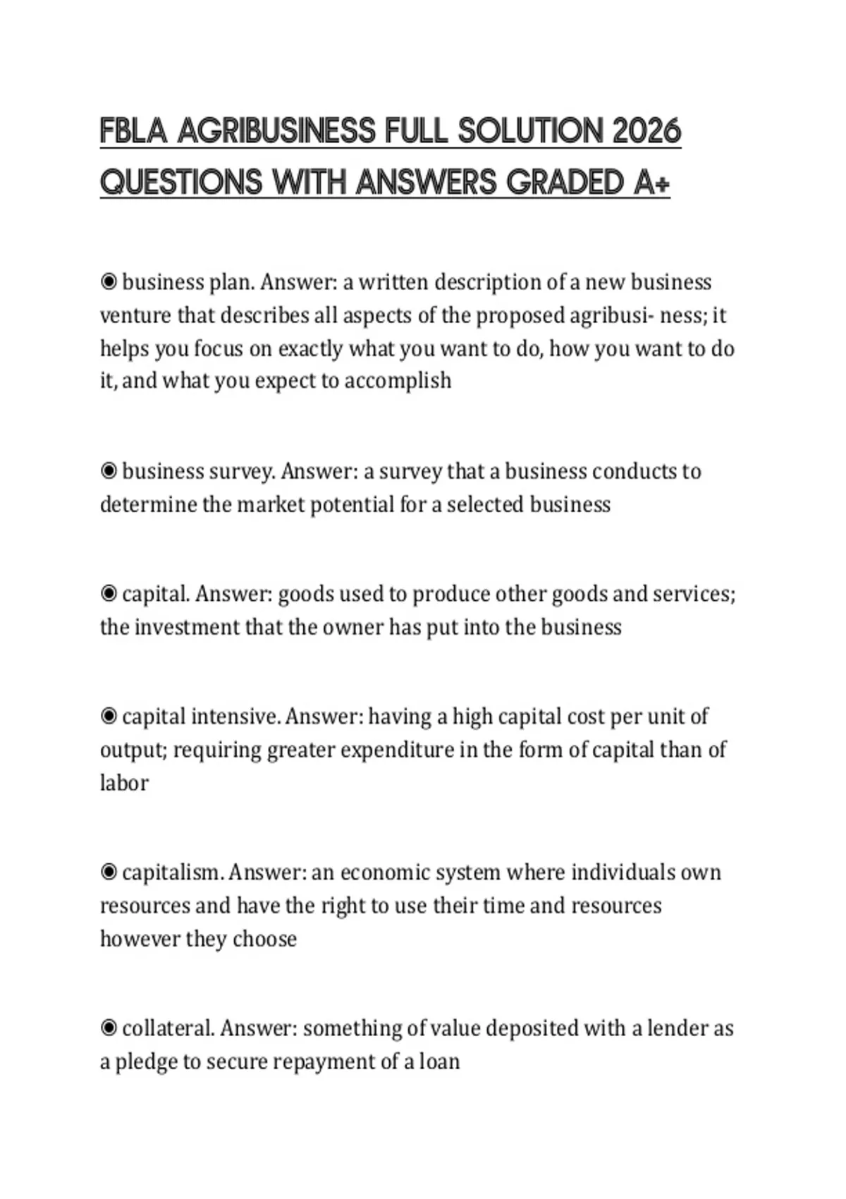FBLA AGRIBUSINESS FULL SOLUTION 2026 QUESTIONS WITH ANSWERS GRADED A+ ...