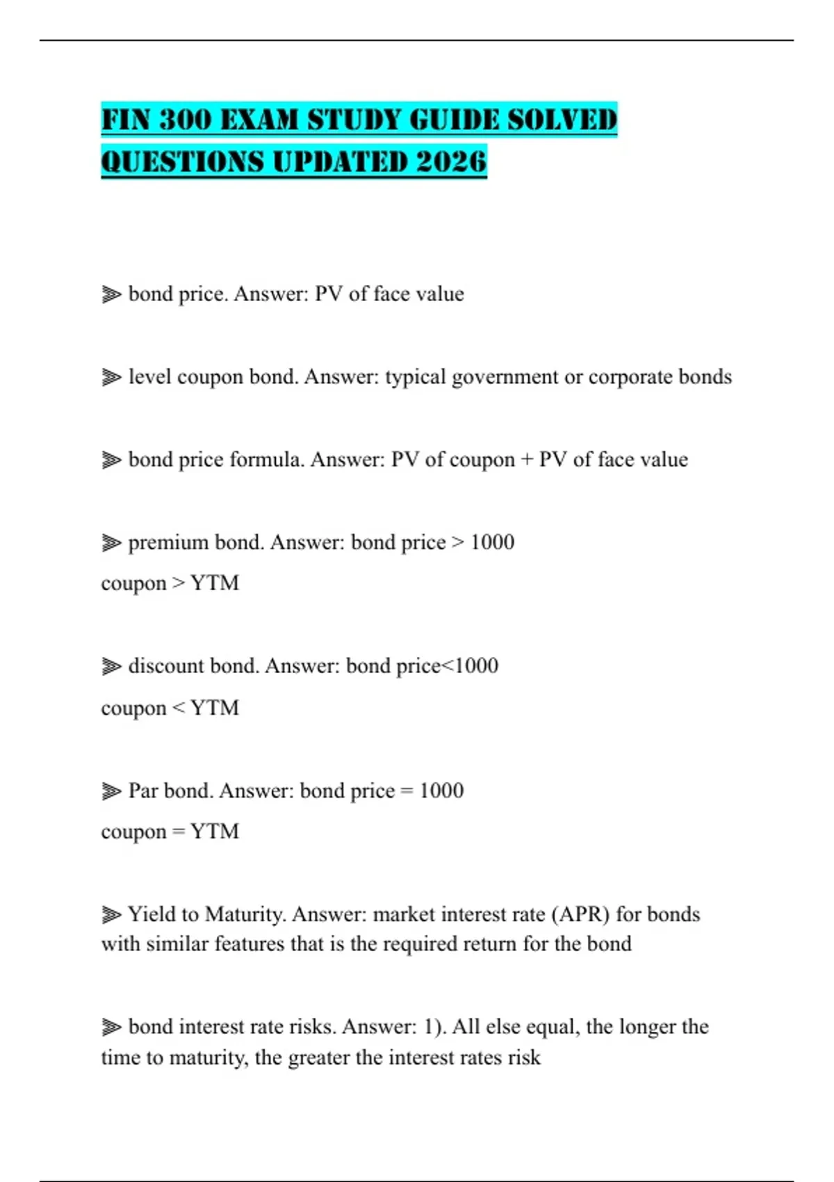 FIN 300 EXAM STUDY GUIDE SOLVED QUESTIONS UPDATED 2026 - FIN 300 ...