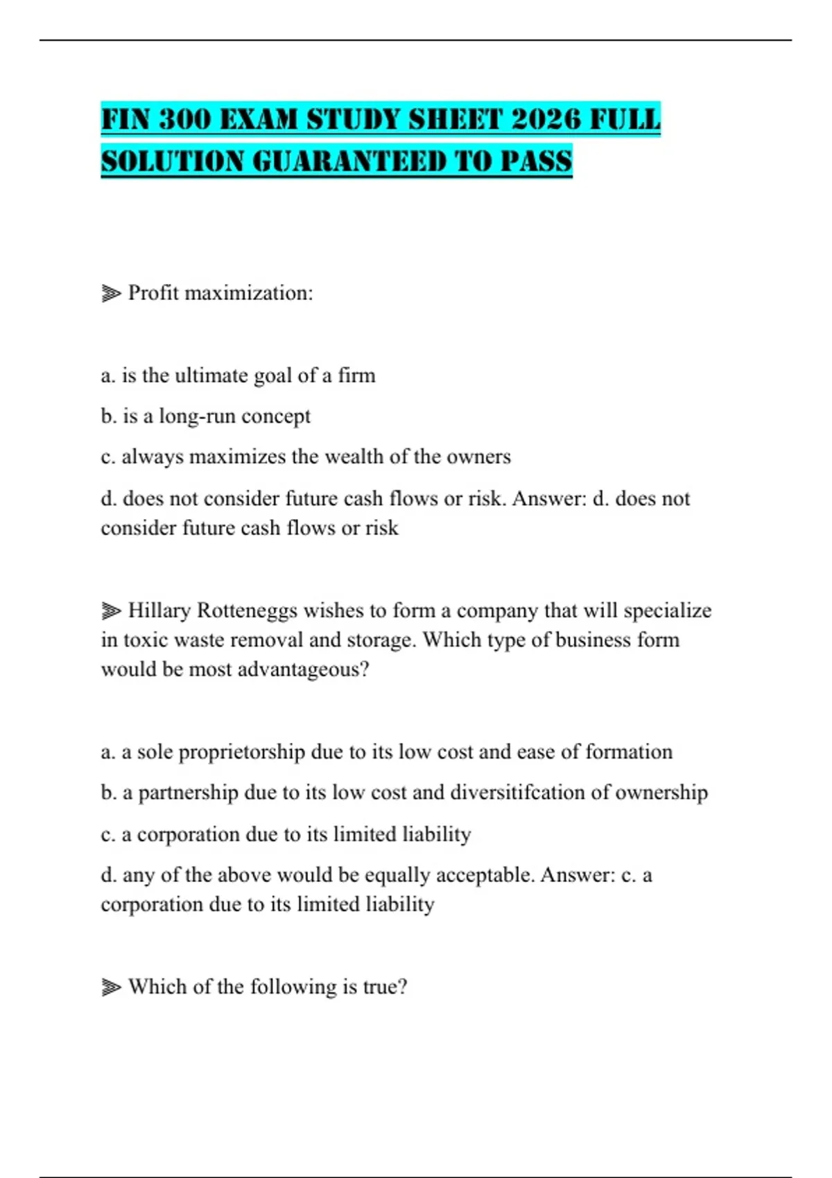 FIN 300 EXAM STUDY SHEET 2026 FULL SOLUTION GUARANTEED TO PASS - FIN ...