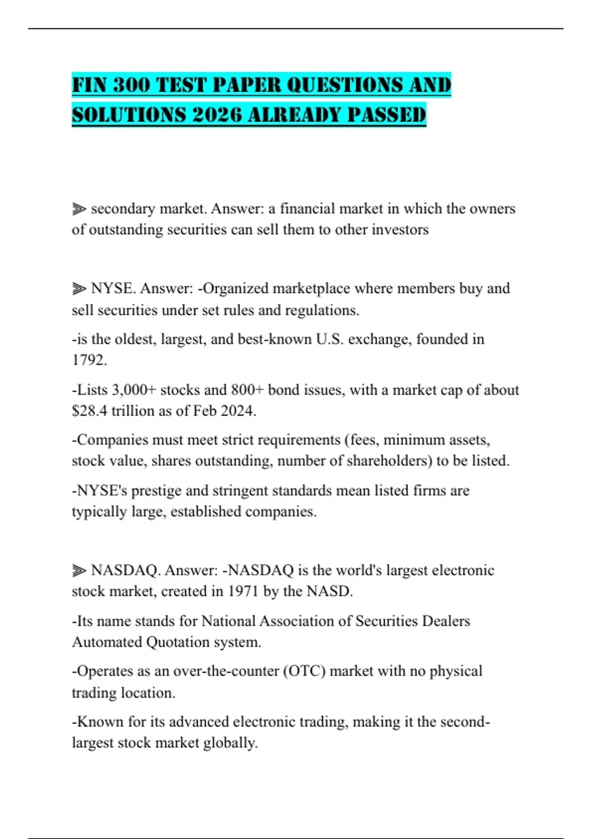 FIN 300 TEST PAPER QUESTIONS AND SOLUTIONS 2026 ALREADY PASSED - FIN ...