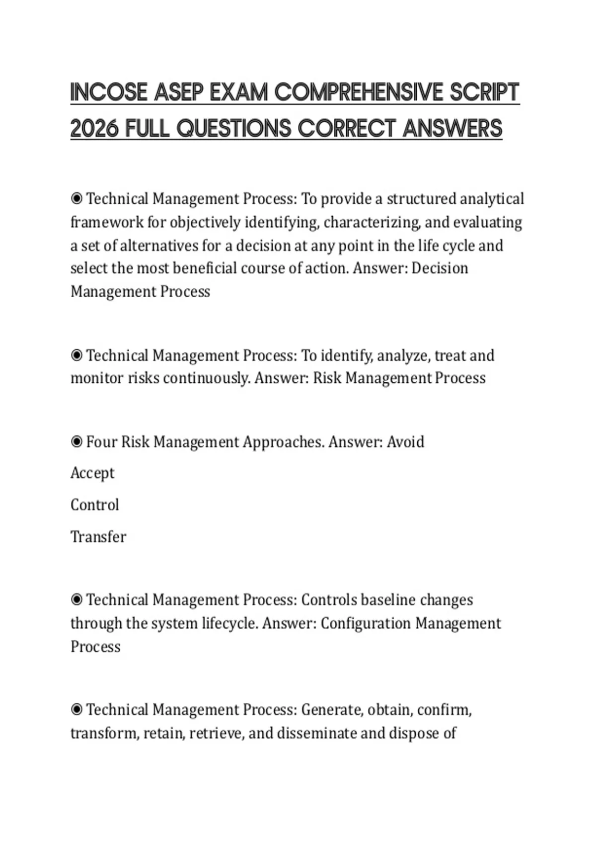 INCOSE ASEP EXAM COMPREHENSIVE SCRIPT 2026 FULL QUESTIONS CORRECT ...