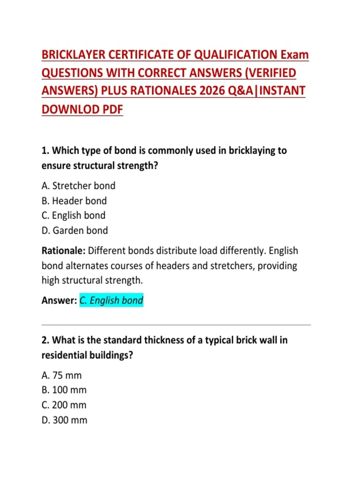 Bricklayer Certificate of Qualification Exam Questions & Answers ...