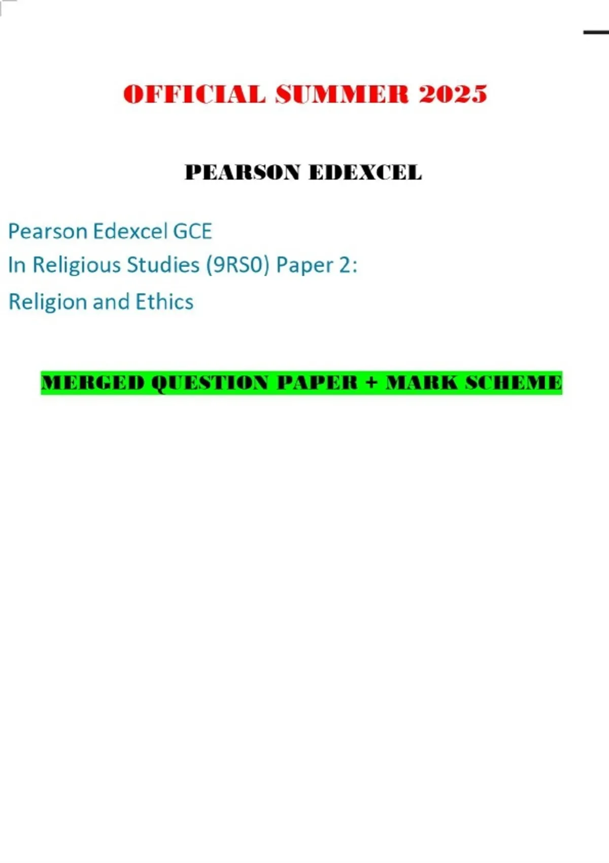 OFFICIAL SUMMER 2025 PEARSON EDEXCEL Pearson Edexcel GCE In Religious ...