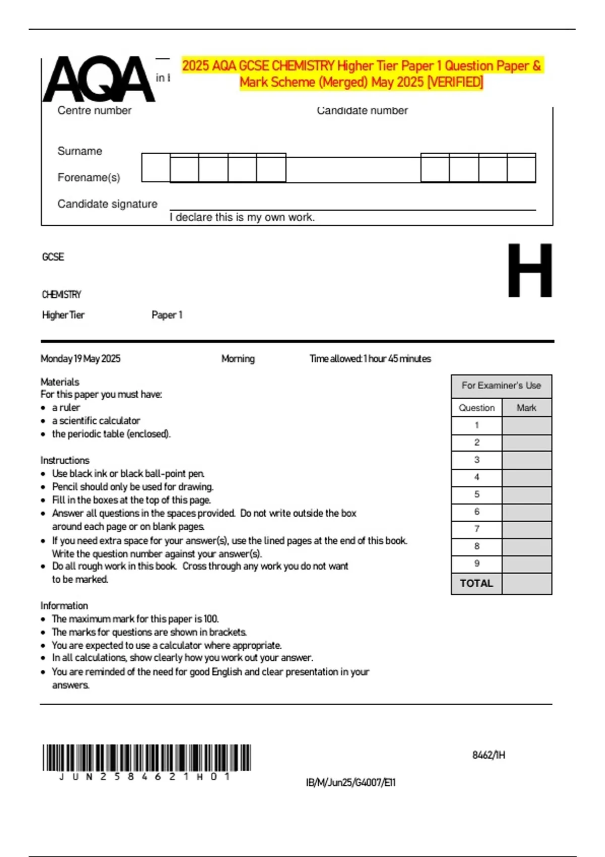 2025 AQA GCSE CHEMISTRY Higher Tier Paper 1 Question Paper & Mark ...
