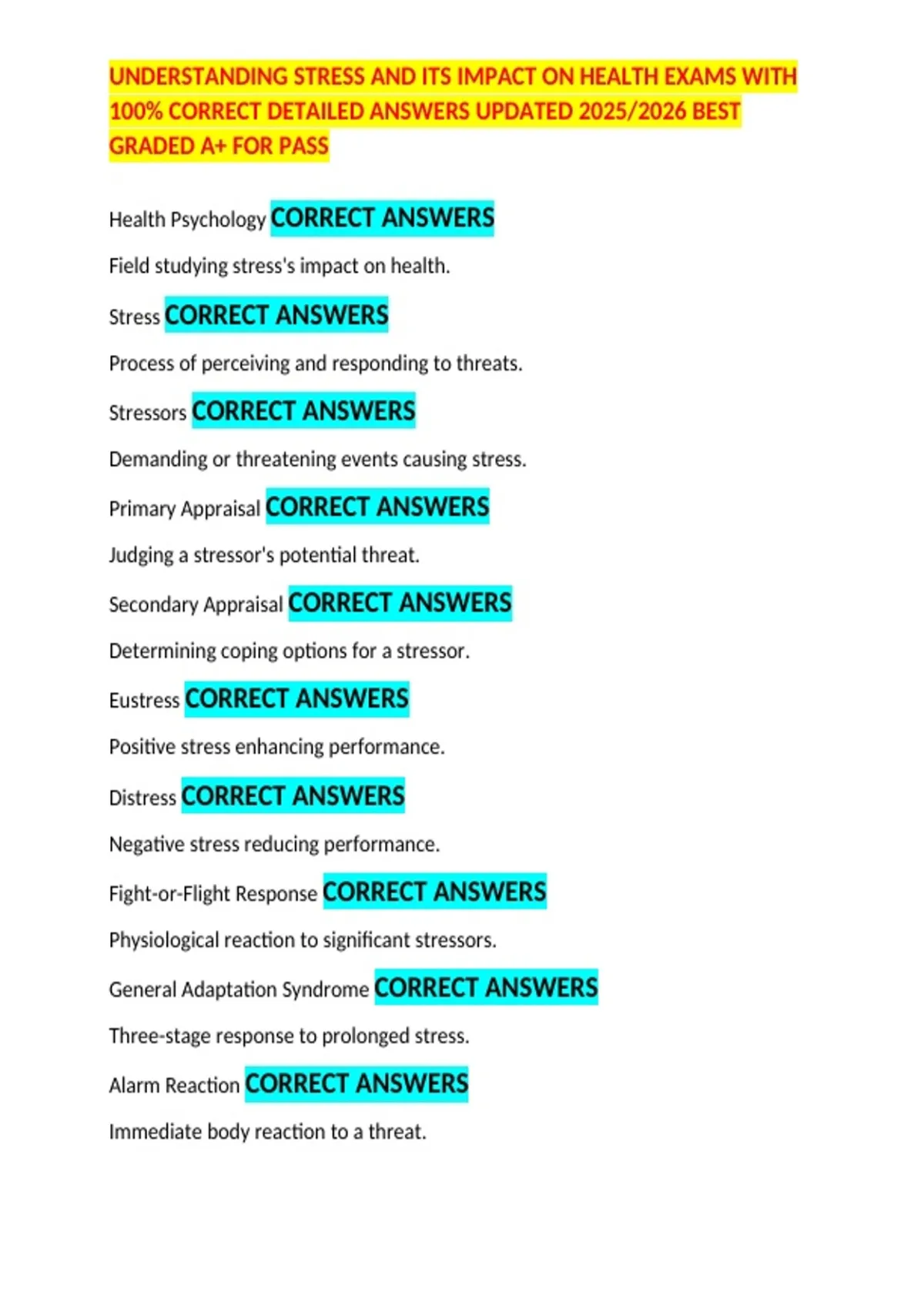 UNDERSTANDING STRESS AND ITS IMPACT ON HEALTH EXAMS WITH 100% CORRECT ...