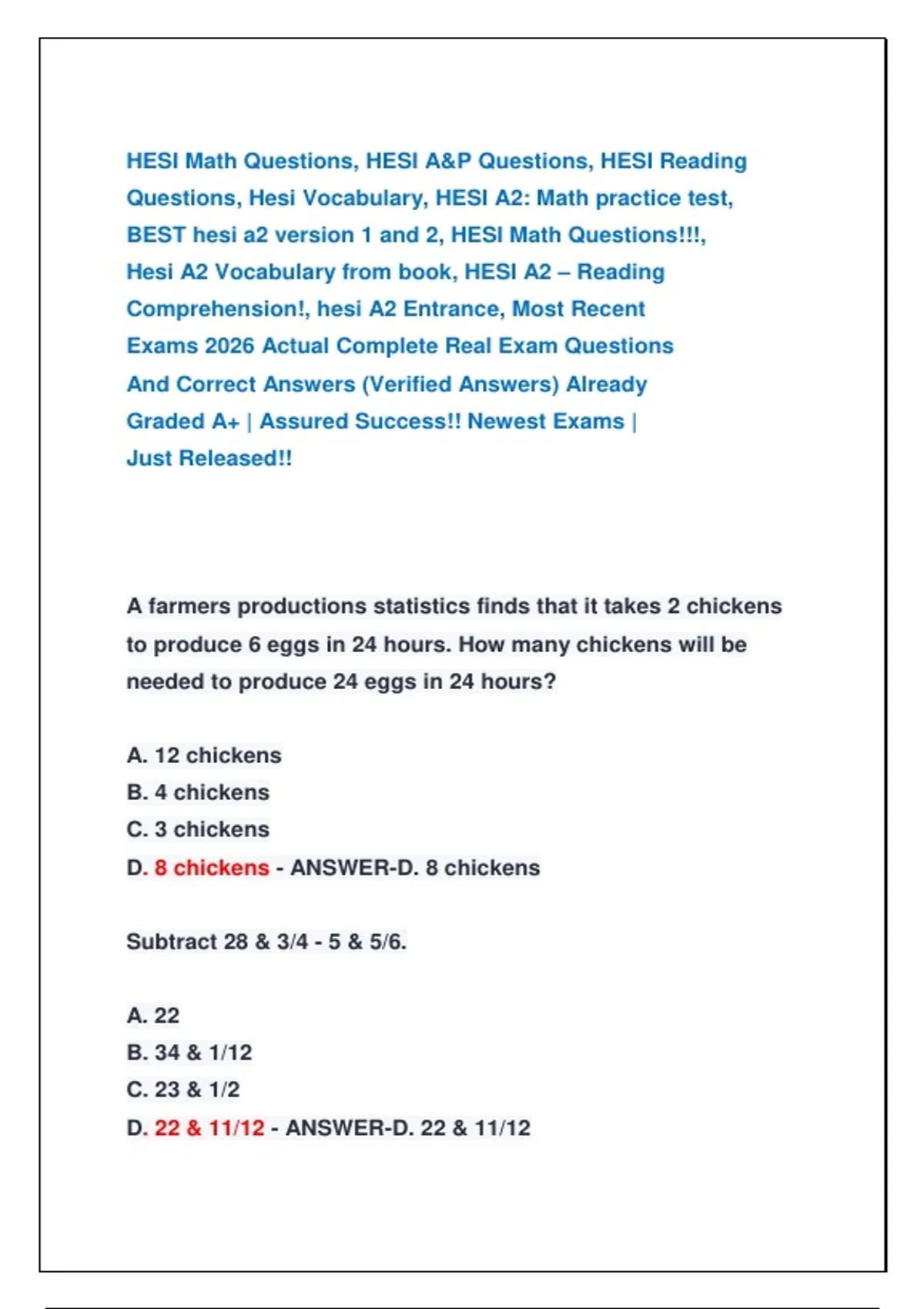 Hesi Math Practice Questions HESI Math Questions, HESI A&P Questions, HESI Reading Questions, Hesi ...