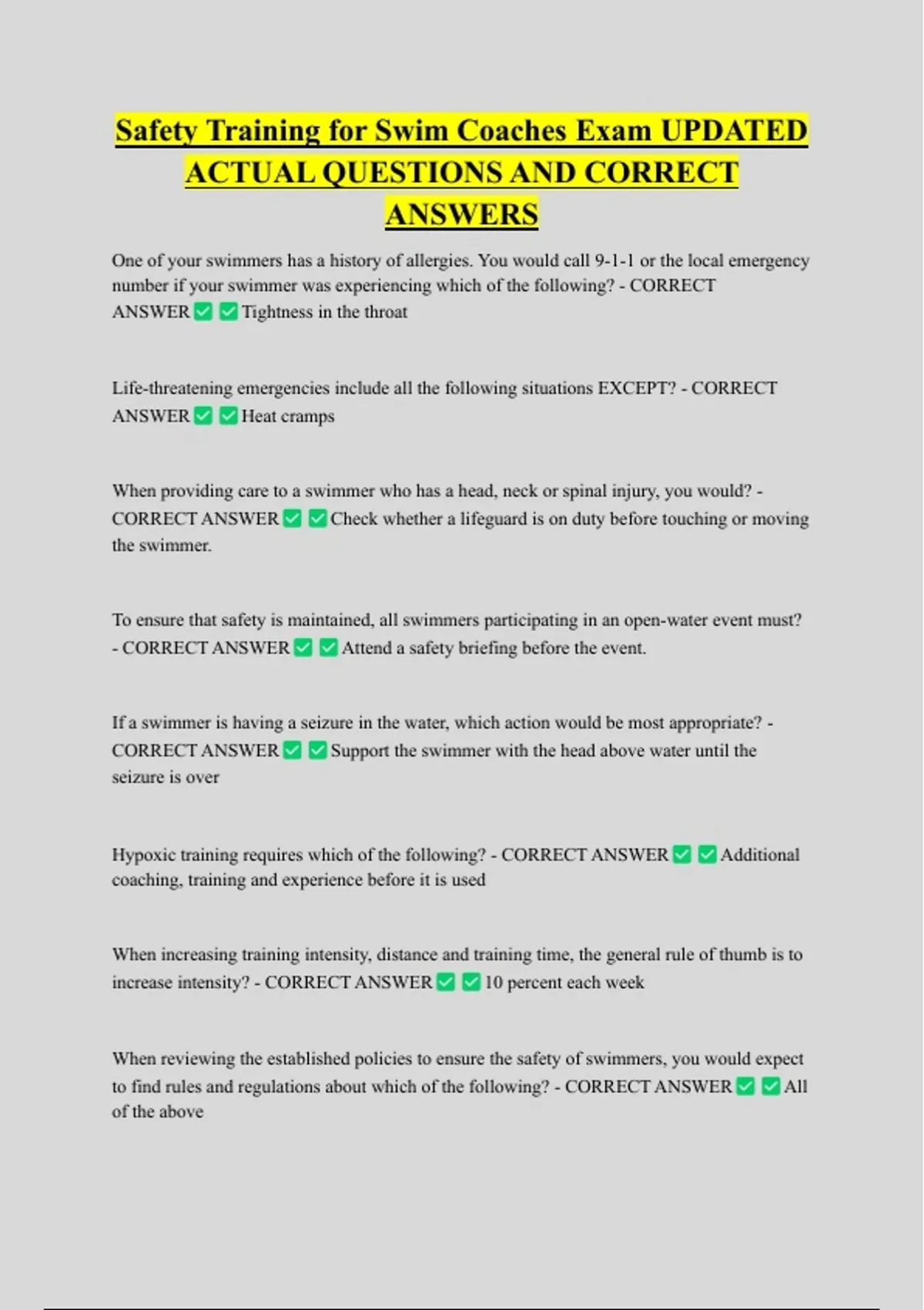 Safety Training for Swim Coaches Exam UPDATED ACTUAL QUESTIONS AND ...