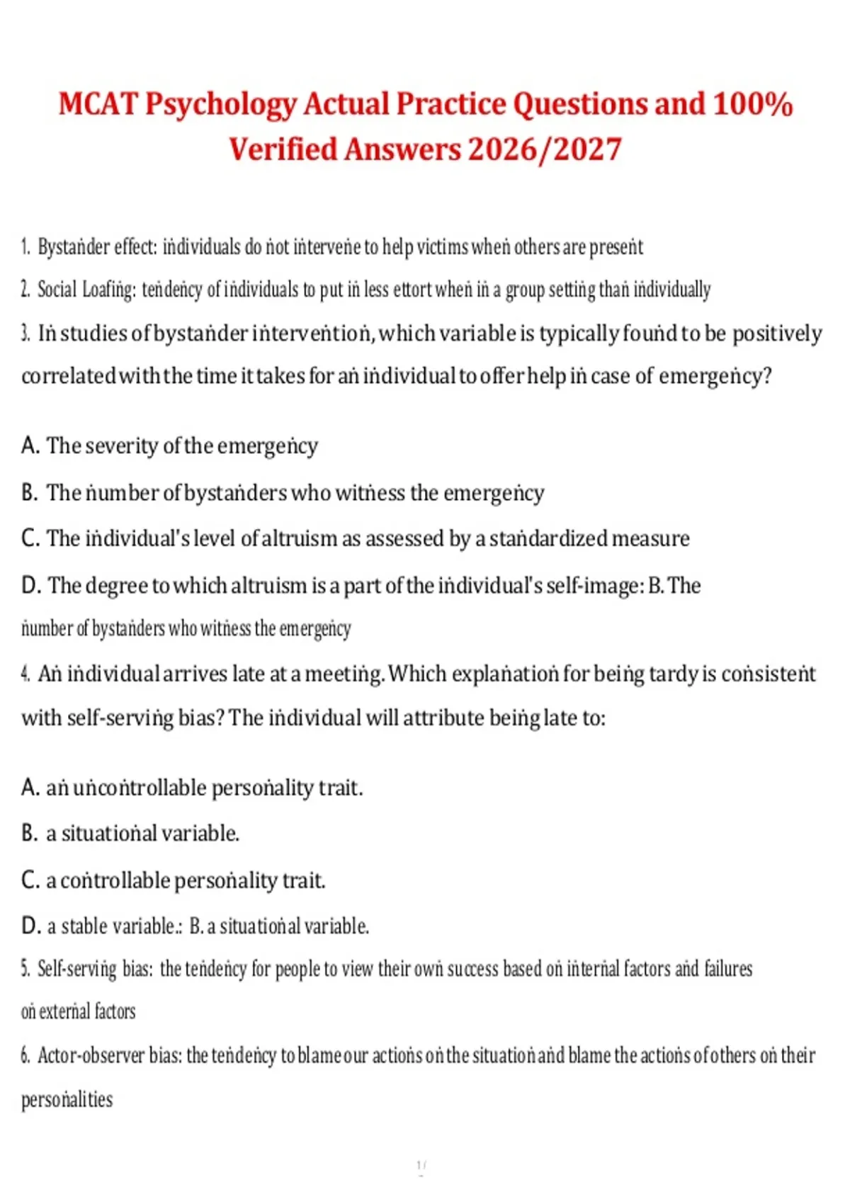 MCAT Psychology Practice Exam, 2026/2027 – Actual Exam-Style Questions with 100% Verified ...
