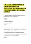 KAPLAN AND SADOCKS SYNOPSIS OF PSYCHIATRY 12TH EDITION CERTIFICATION TEST BANK 2026 TESTED QUESTIONS AND COMPLETE ANSWERS GRADED A&plus;