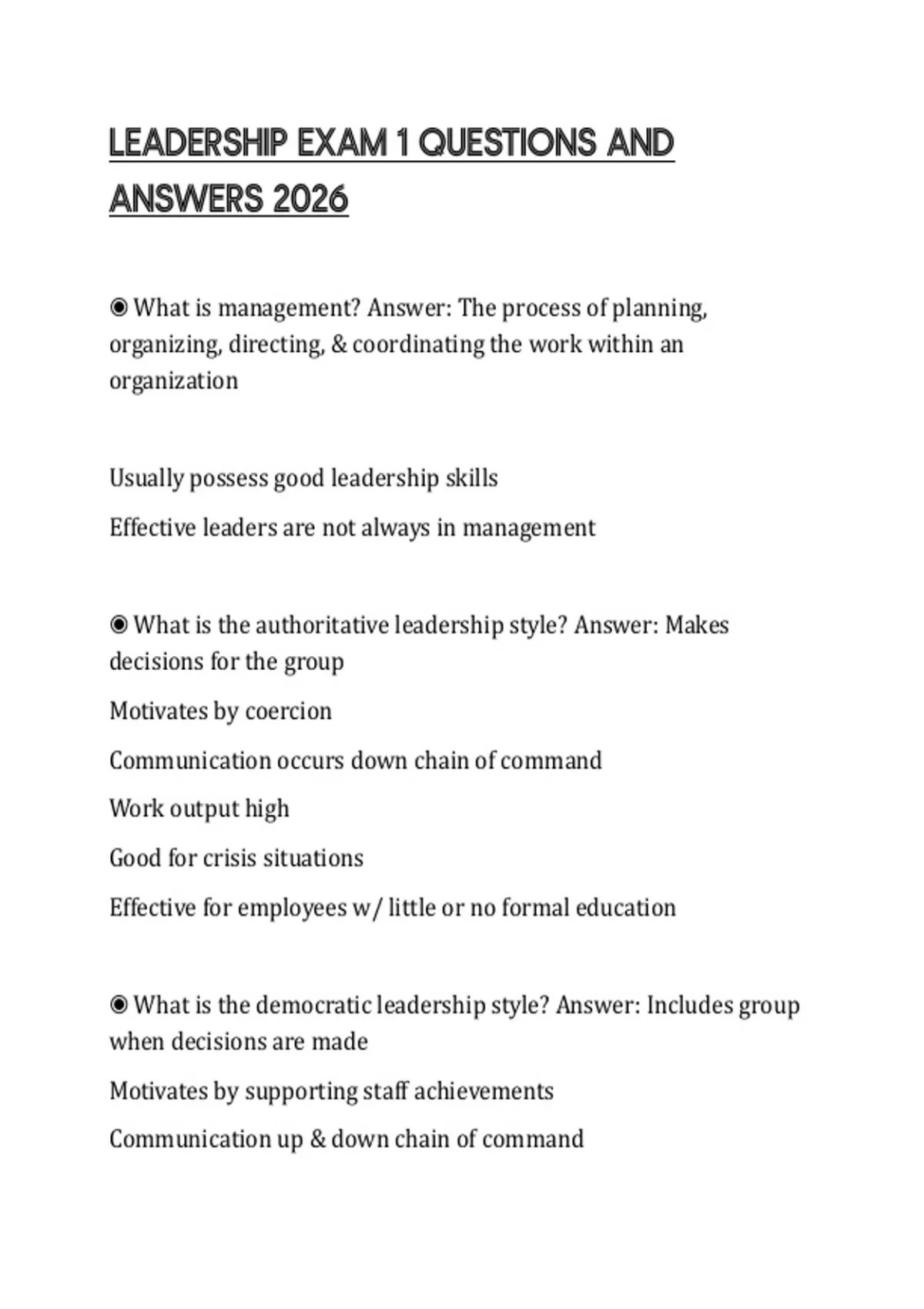 LEADERSHIP EXAM 1 QUESTIONS AND ANSWERS 2026 - LEADERSHIP EX - Stuvia US