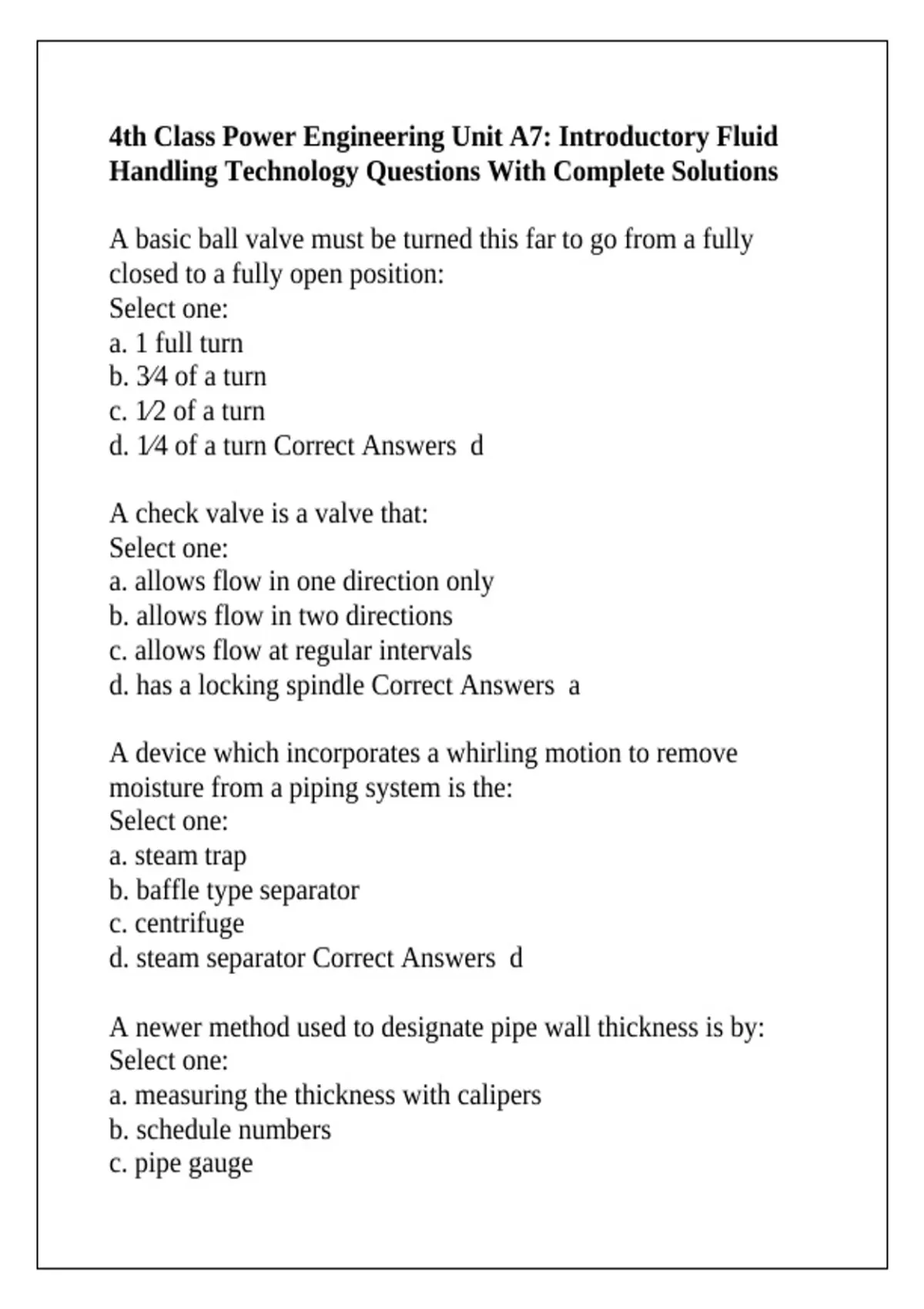 4th Class Power Engineering Unit A7: Introductory Fluid Handling ...