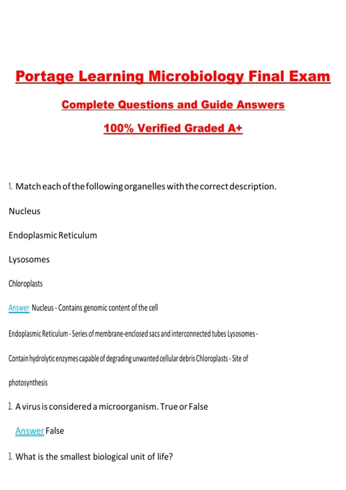 Portage Learning Microbiology Final Exam 2026 | Questions with 100% ...