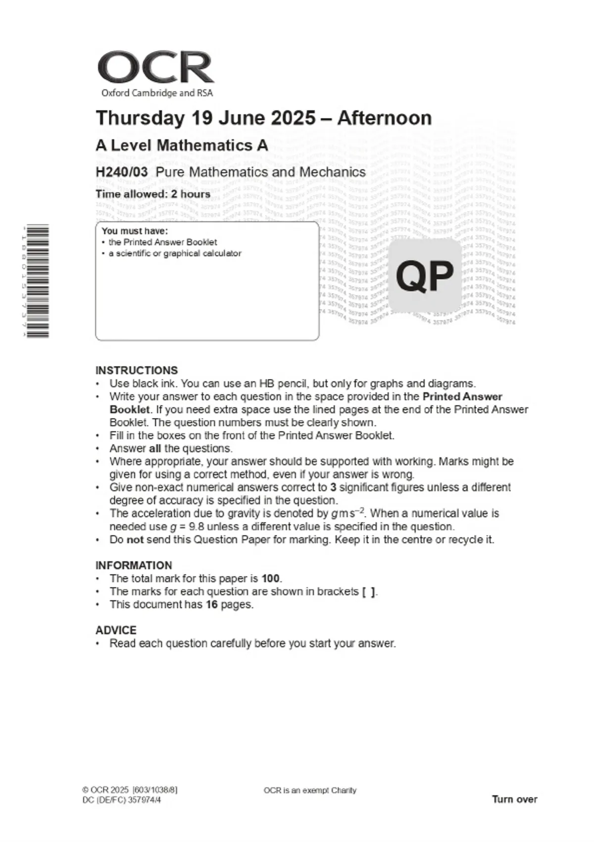 2025 OCR A Level Mathematics A H240/03 Pure Mathematics and Mechanics ...