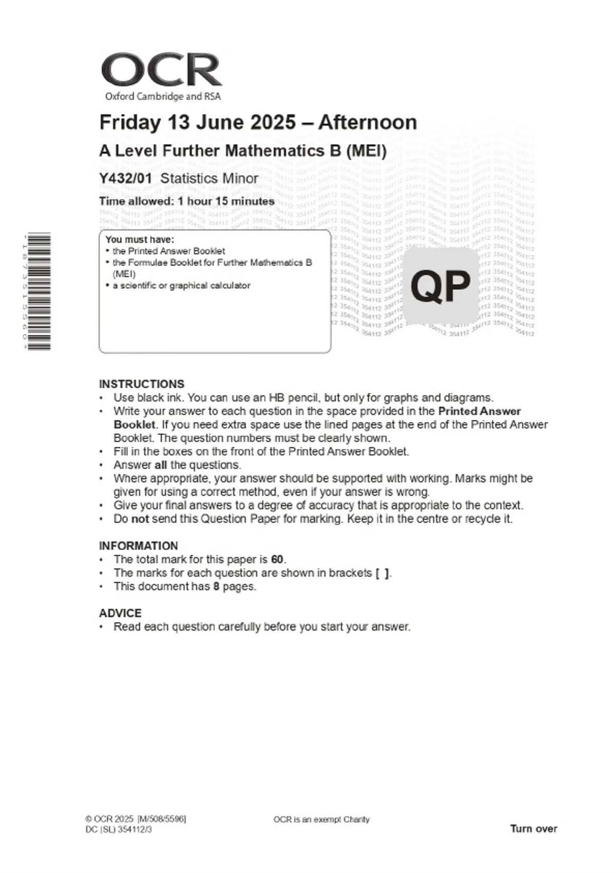 2025 OCR A Level Further Mathematics B (MEI) Y432/01 Statistics Minor ...
