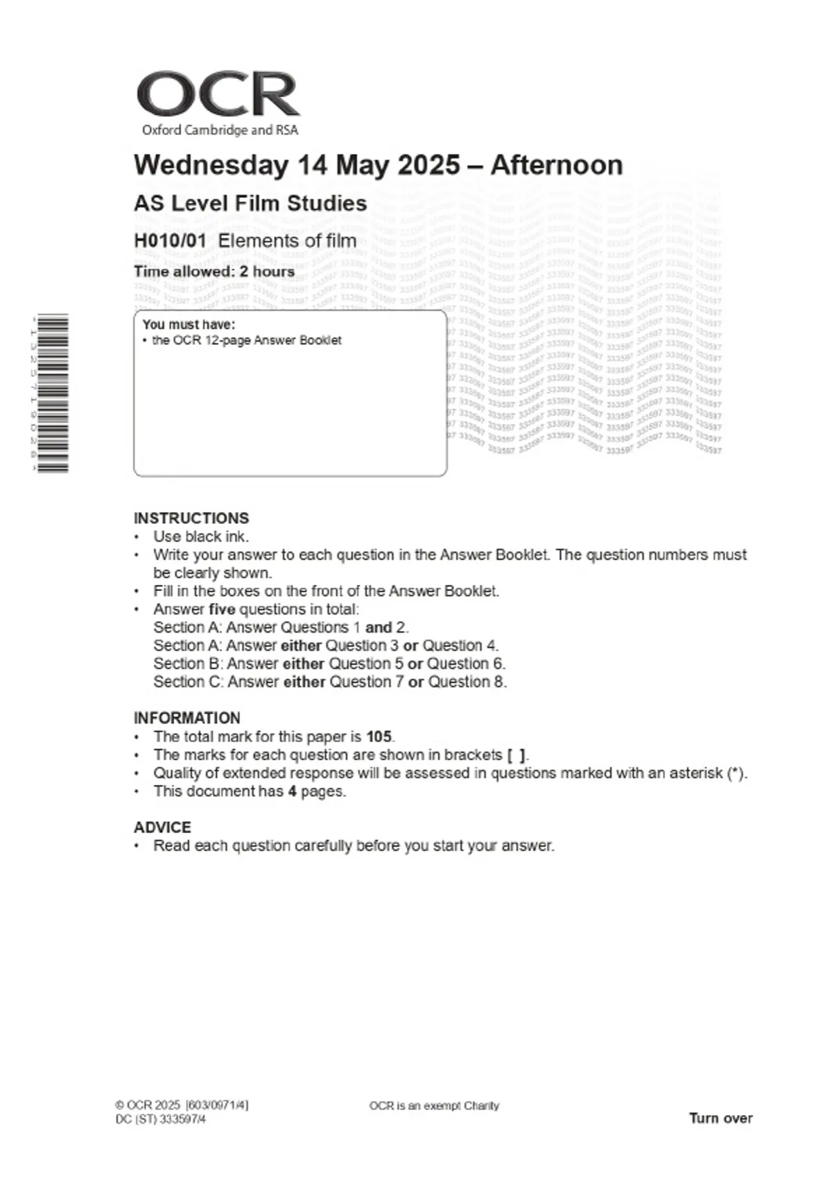 2025 OCR AS Level Film Studies H010/01 Elements of film Combined ...