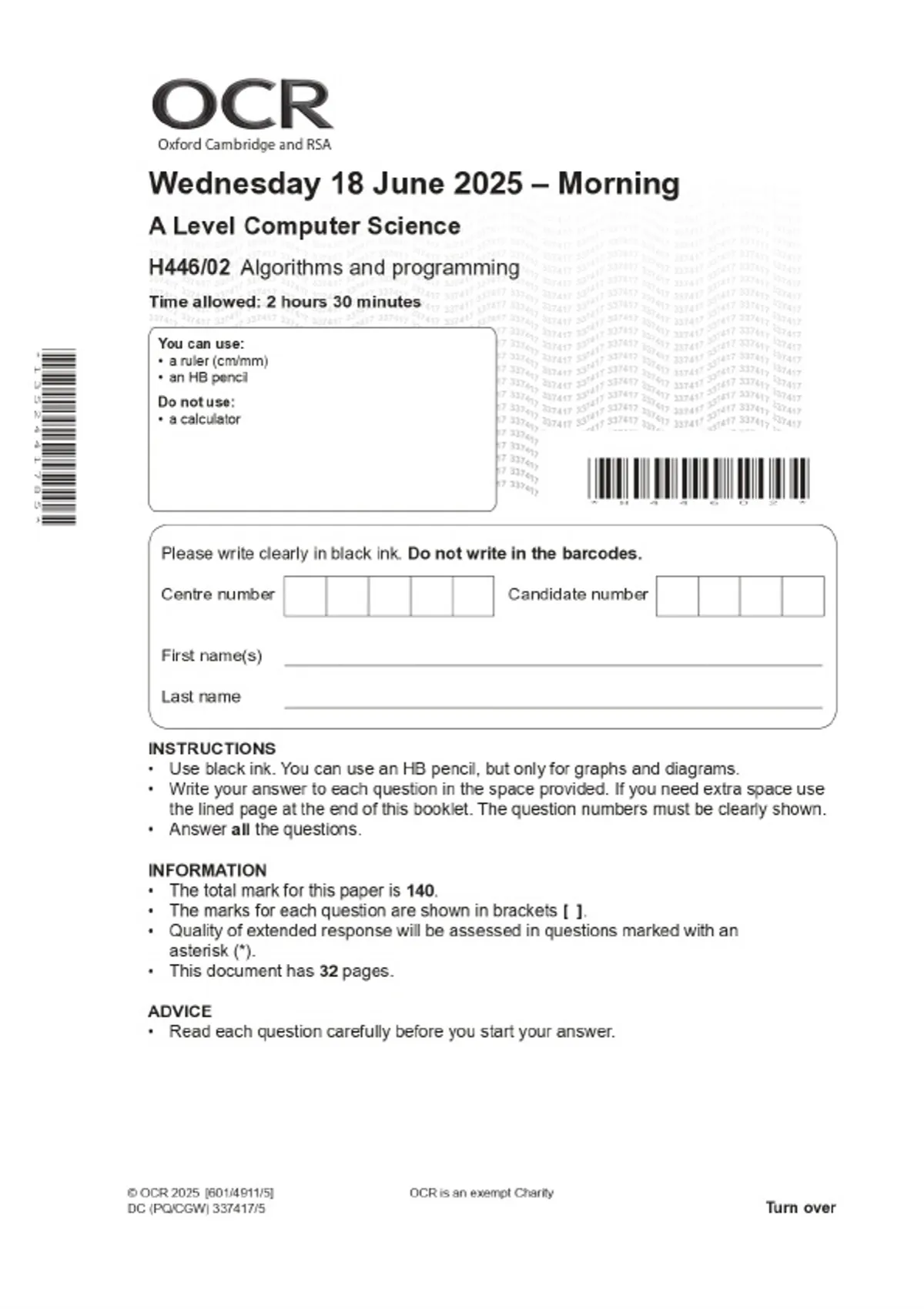 2025 OCR A Level Computer Science H446/02 Algorithms and programming ...