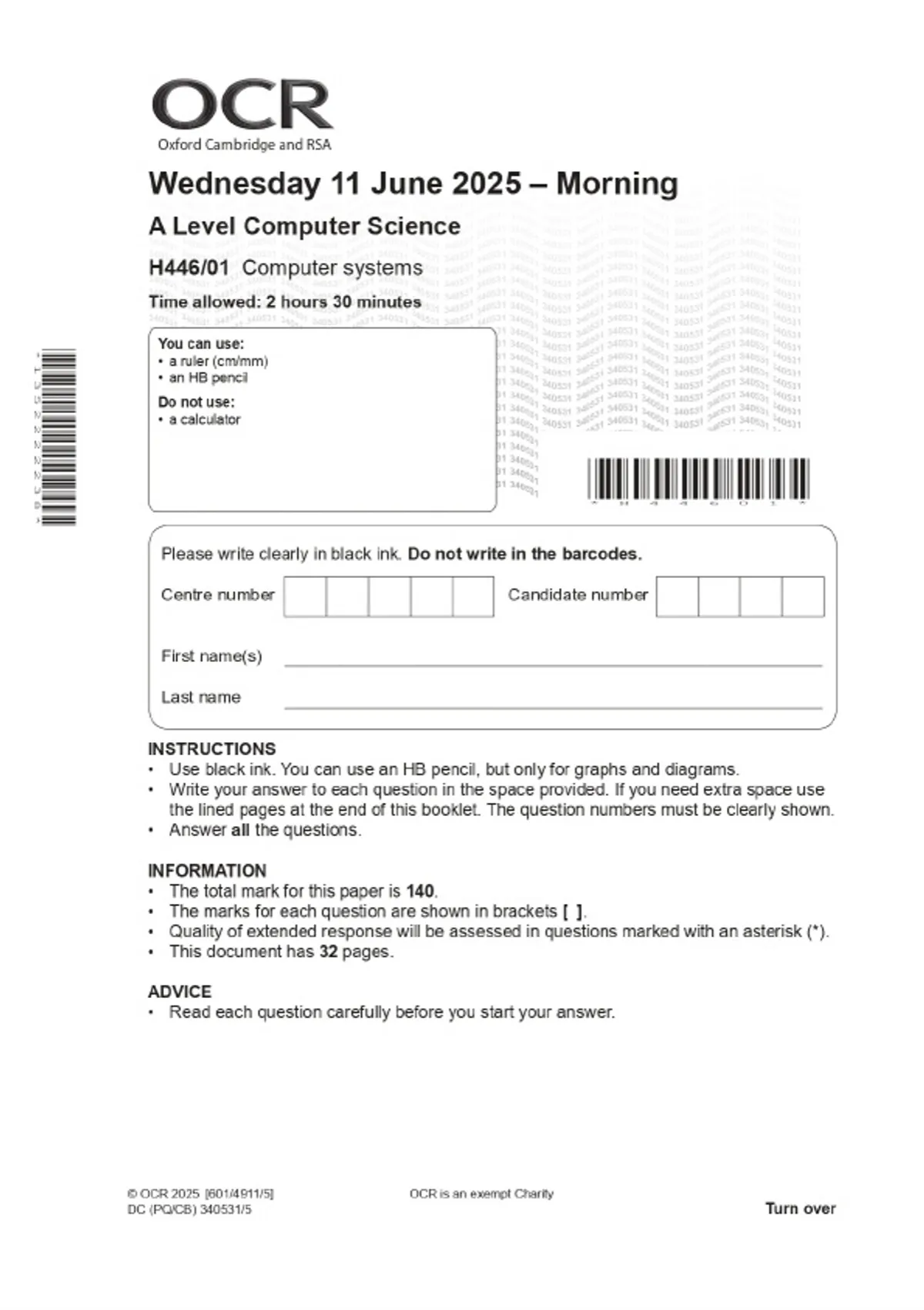 2025 OCR A Level Computer Science H446/01 Computer systems Combined ...