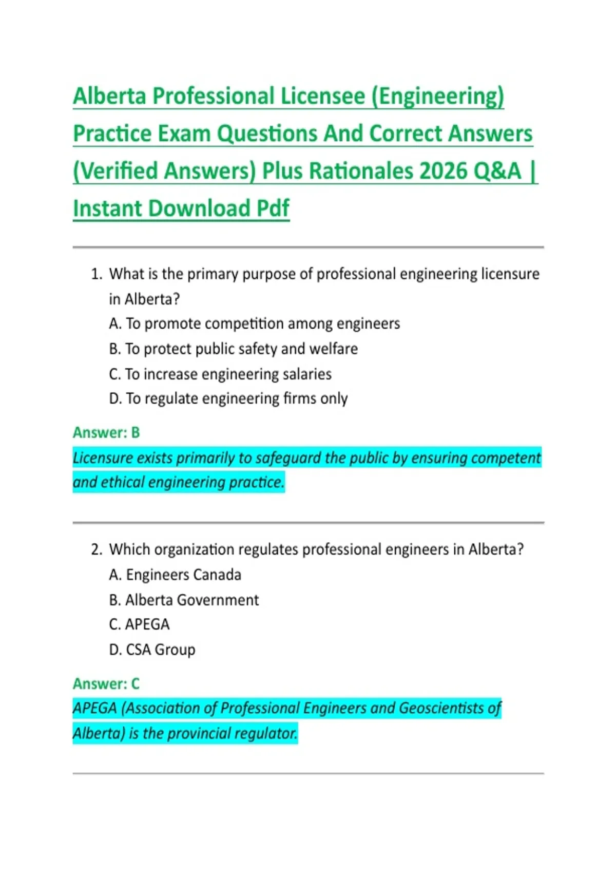 Alberta Professional Licensee (Engineering) Practice Exam Questions And ...