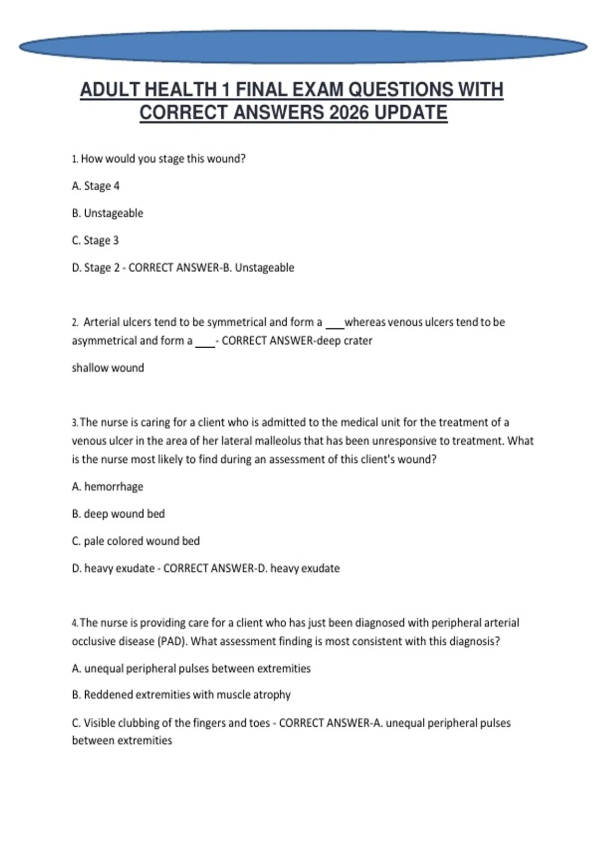 ADULT HEALTH 1 FINAL EXAM QUESTIONS WITH CORRECT ANSWERS 2026 UPDATE ...