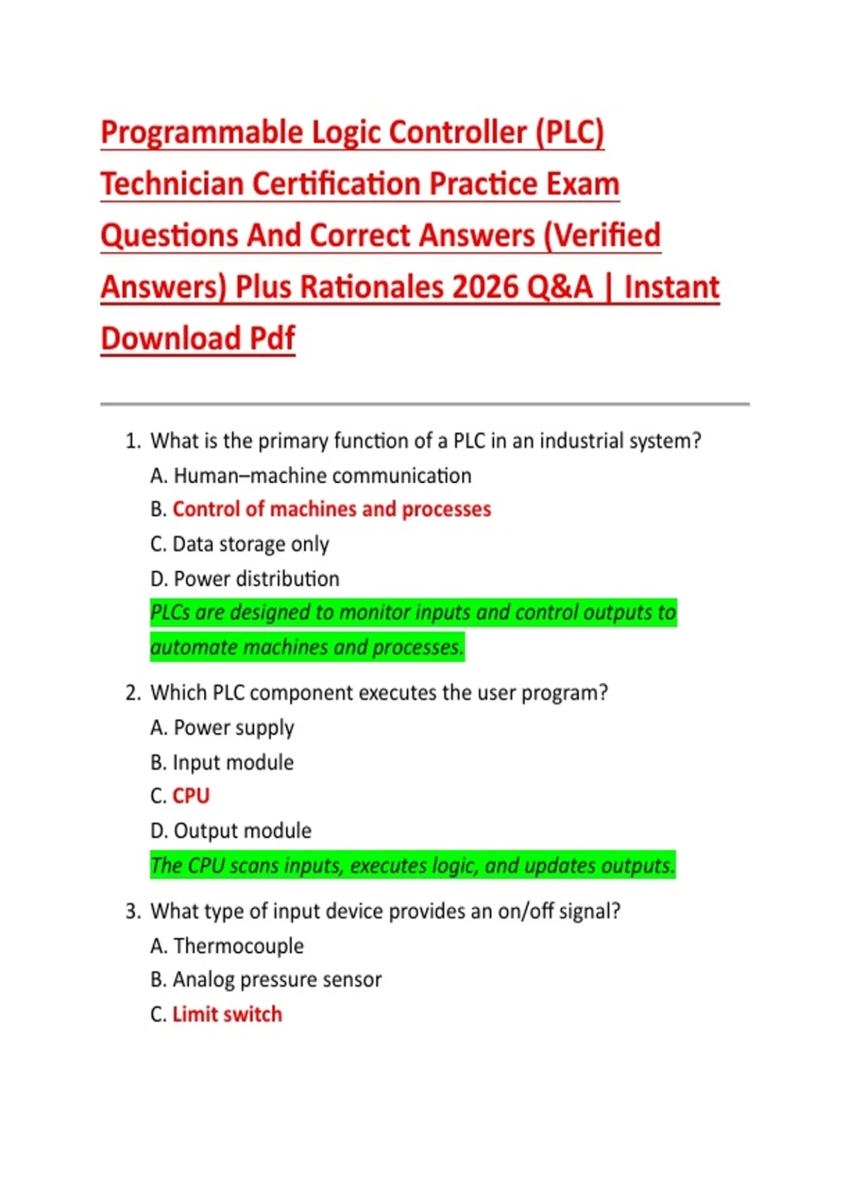 Control Logic Questions Programmable Logic Controller (PLC) Technician Certification Practice ...