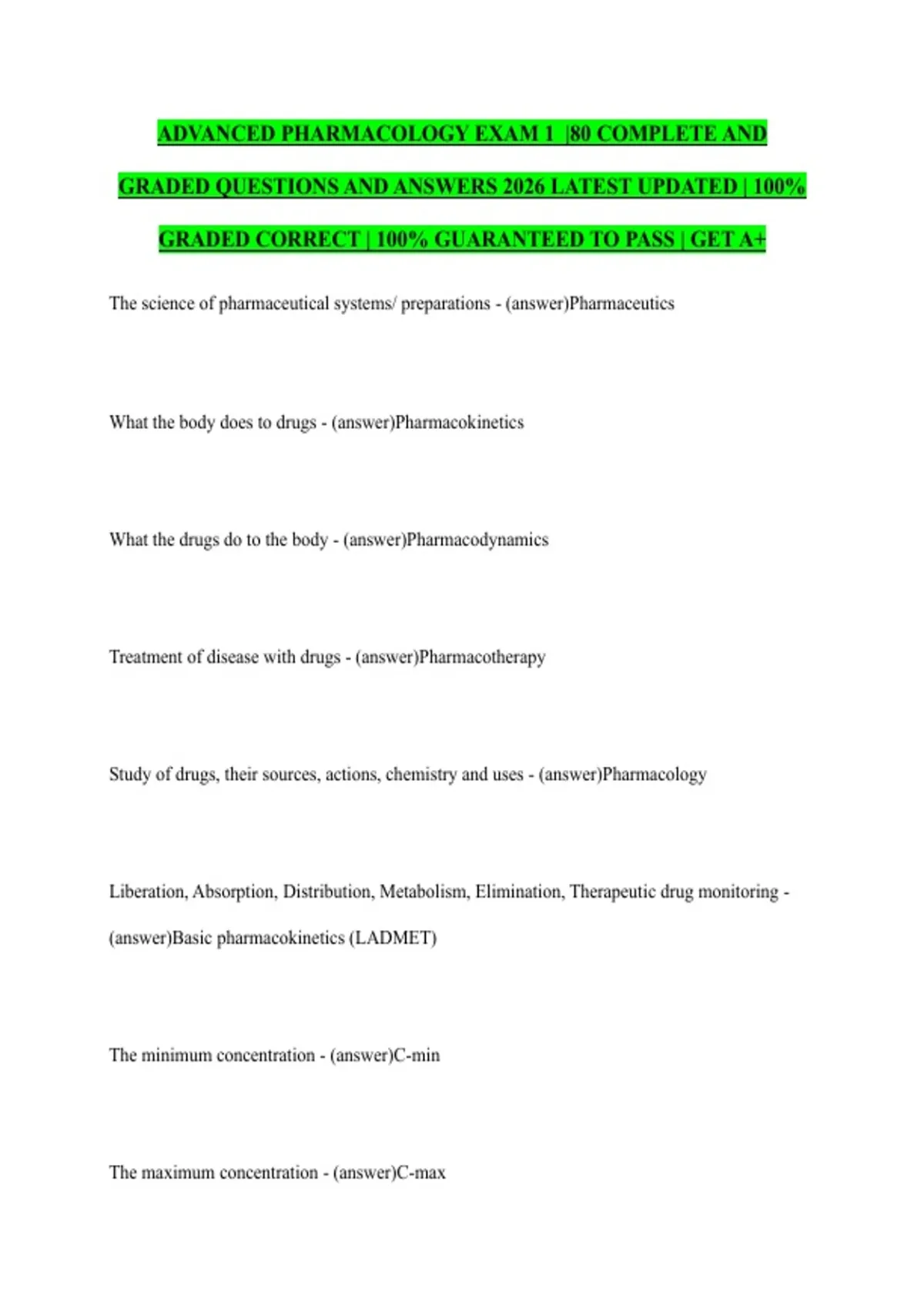 ADVANCED PHARMACOLOGY EXAM 1 |80 COMPLETE AND GRADED QUESTIONS AND ...