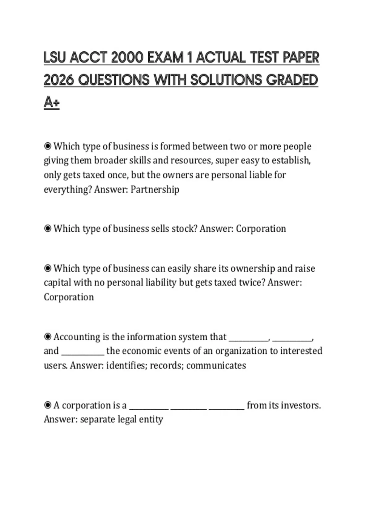 LSU ACCT 2000 EXAM 1 ACTUAL TEST PAPER 2026 QUESTIONS WITH SOLUTIONS ...