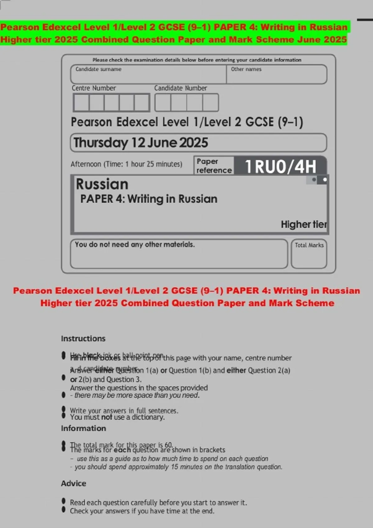 Pearson Edexcel Level 1/Level 2 GCSE (9–1) PAPER 4: Writing in Russian ...