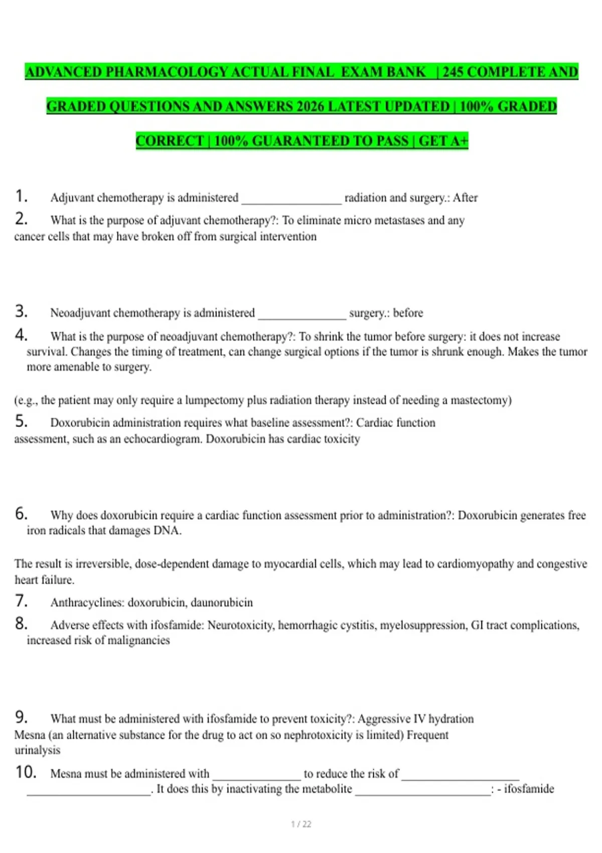 ADVANCED PHARMACOLOGY ACTUAL FINAL EXAM BANK | 245 COMPLETE AND GRADED ...