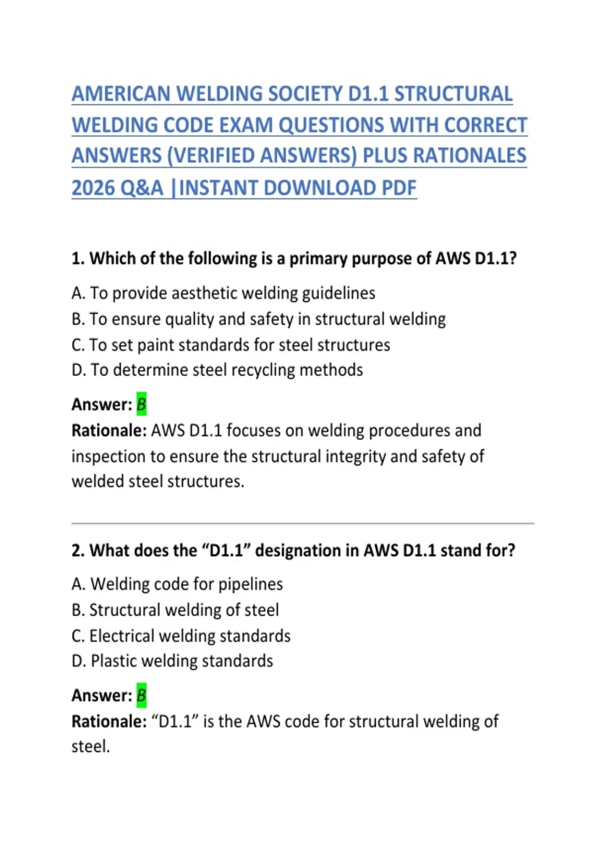 American Welding Society (AWS) D1 – Exam Questions with Correct Answers - AMERICAN WELDING ...