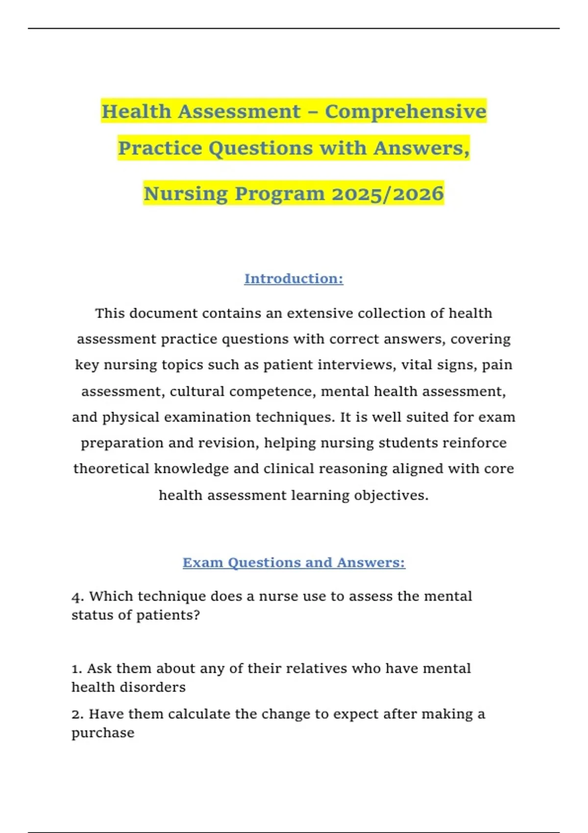 Health Assessment – Comprehensive Practice Questions with Answers, Nursing Program 2025/2026 ...