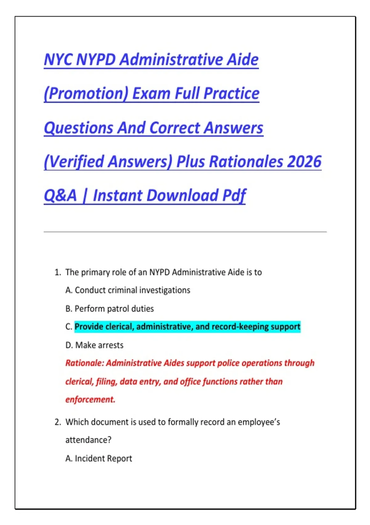 NYC NYPD Administrative Aide (Promotion) Exam Full Practice Questions And Correct Answers ...