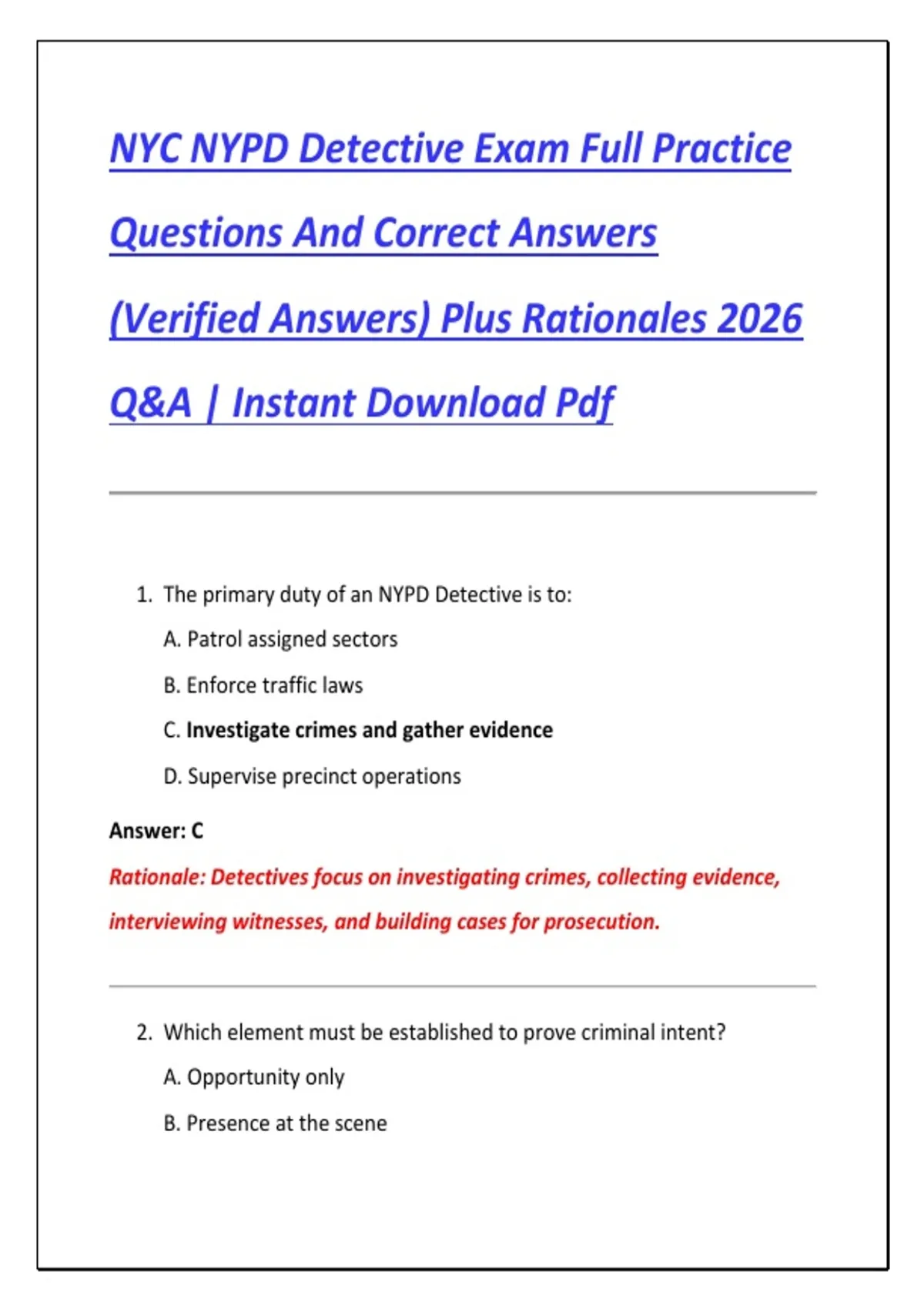 NYC NYPD Detective Exam Full Practice Questions And Correct Answers (Verified Answers) Plus ...