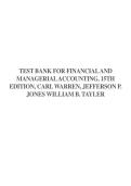 Test Bank for Financial and Managerial Accounting 15th Edition &lpar;Cengage&semi; January 1&comma; 2019&rpar; by Carl Warren&comma; Jefferson P&period; Jones William B&period; Tayler&comma; ISBN No&semi; 9781337902663&comma; all Chapters Covered &lpar;NEWEST 2025&rpar;