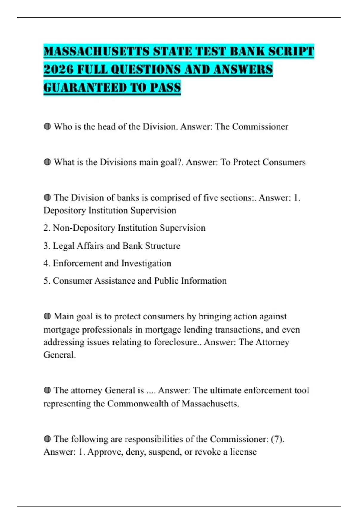 Umass Script MASSACHUSETTS STATE TEST BANK SCRIPT 2026 FULL QUESTIONS AND ANSWERS ...