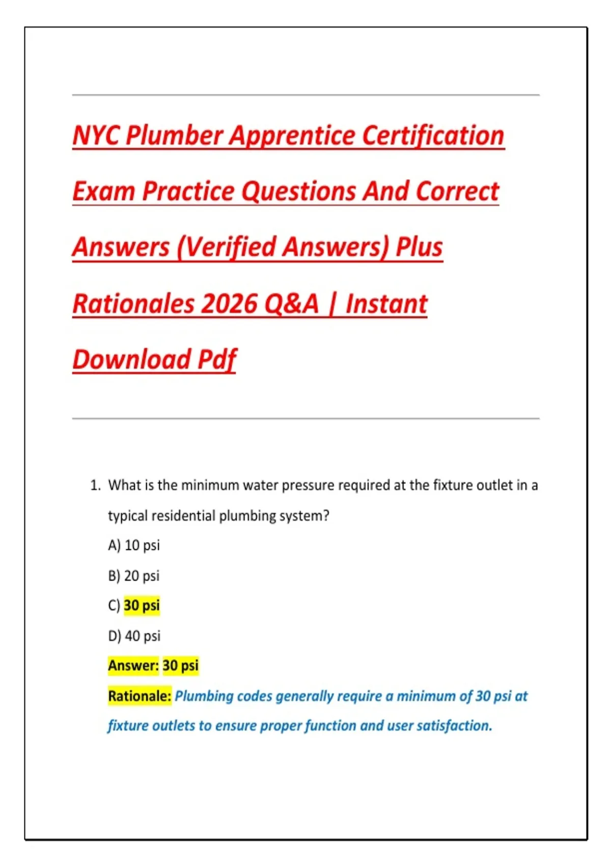 NYC Plumber Apprentice Certification Exam Practice Questions And ...