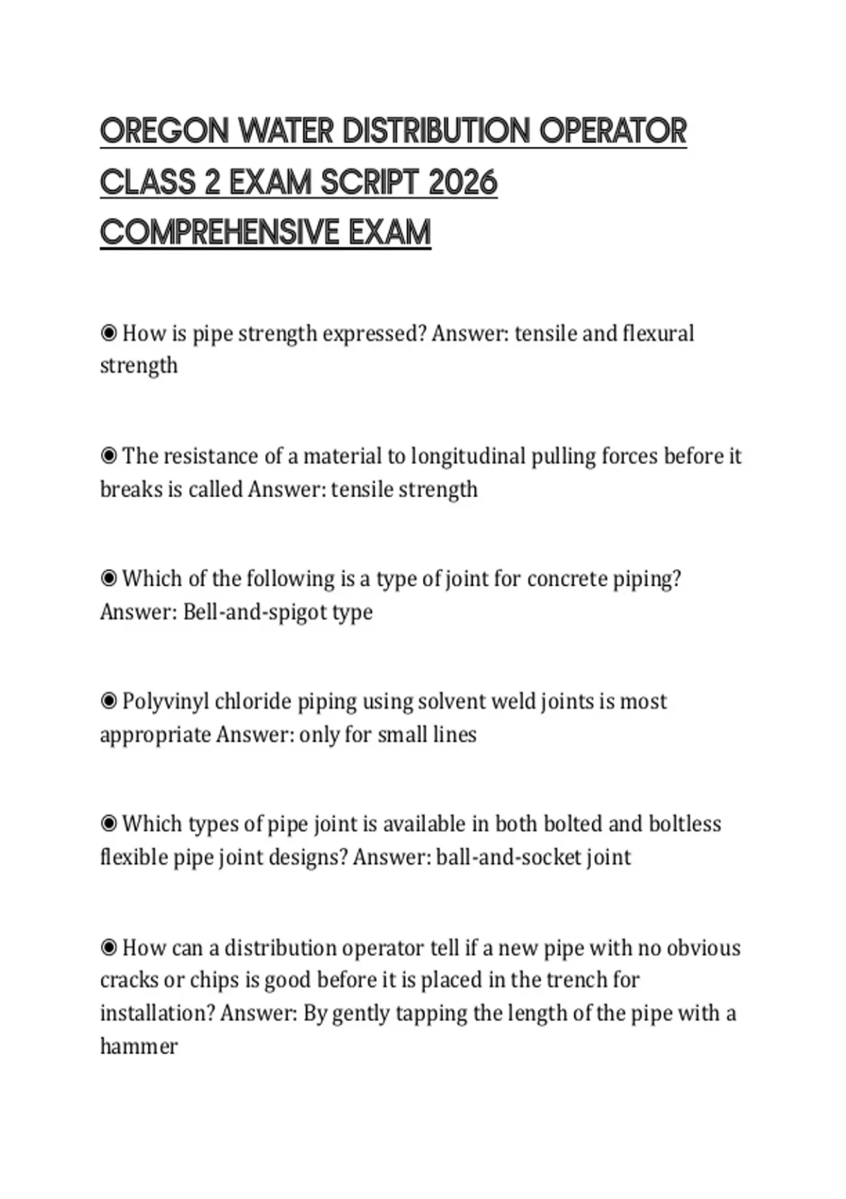OREGON WATER DISTRIBUTION OPERATOR CLASS 2 EXAM SCRIPT 2026 ...