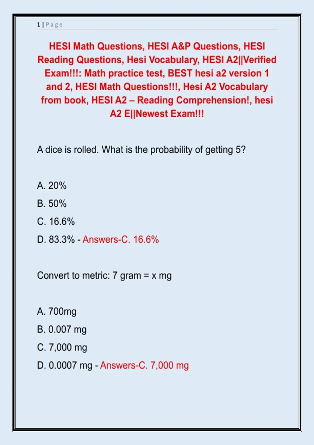 Hesi Math Practice Questions HESI Math Questions, HESI A&P Questions, HESI Reading Questions, Hesi ...