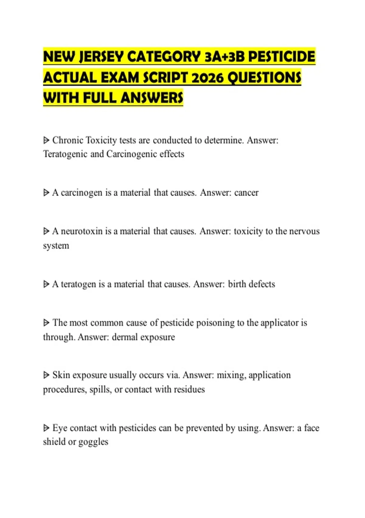 NEW JERSEY CATEGORY 3A+3B PESTICIDE ACTUAL EXAM SCRIPT 2026 QUESTIONS ...