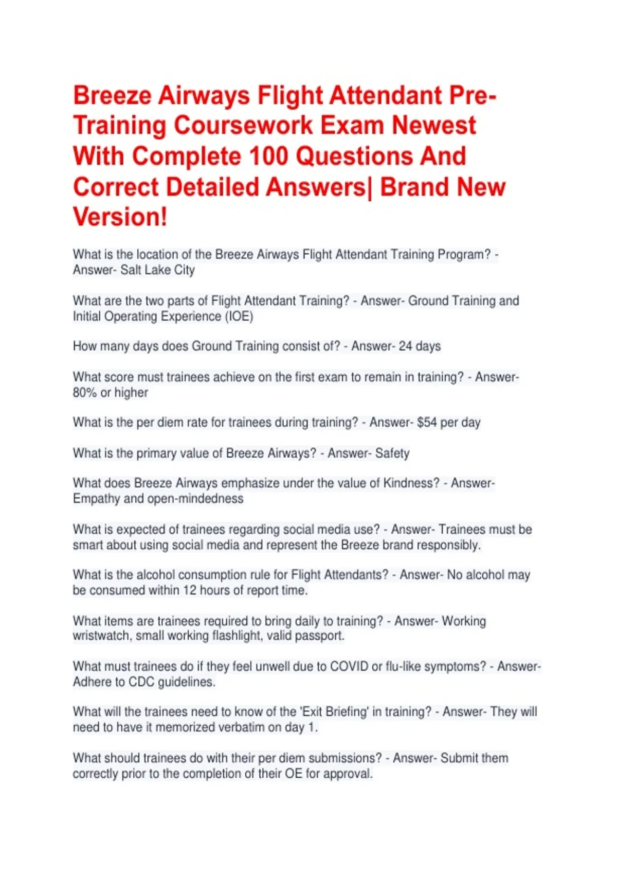 Pre Flight Questions Breeze Airways Flight Attendant Pre-Training Coursework Exam Newest ...