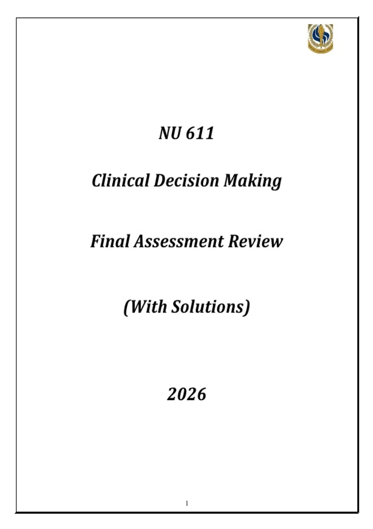 NU 611 Clinical Decision Making (AGPCNP) Final Assessment Review 2026 ...