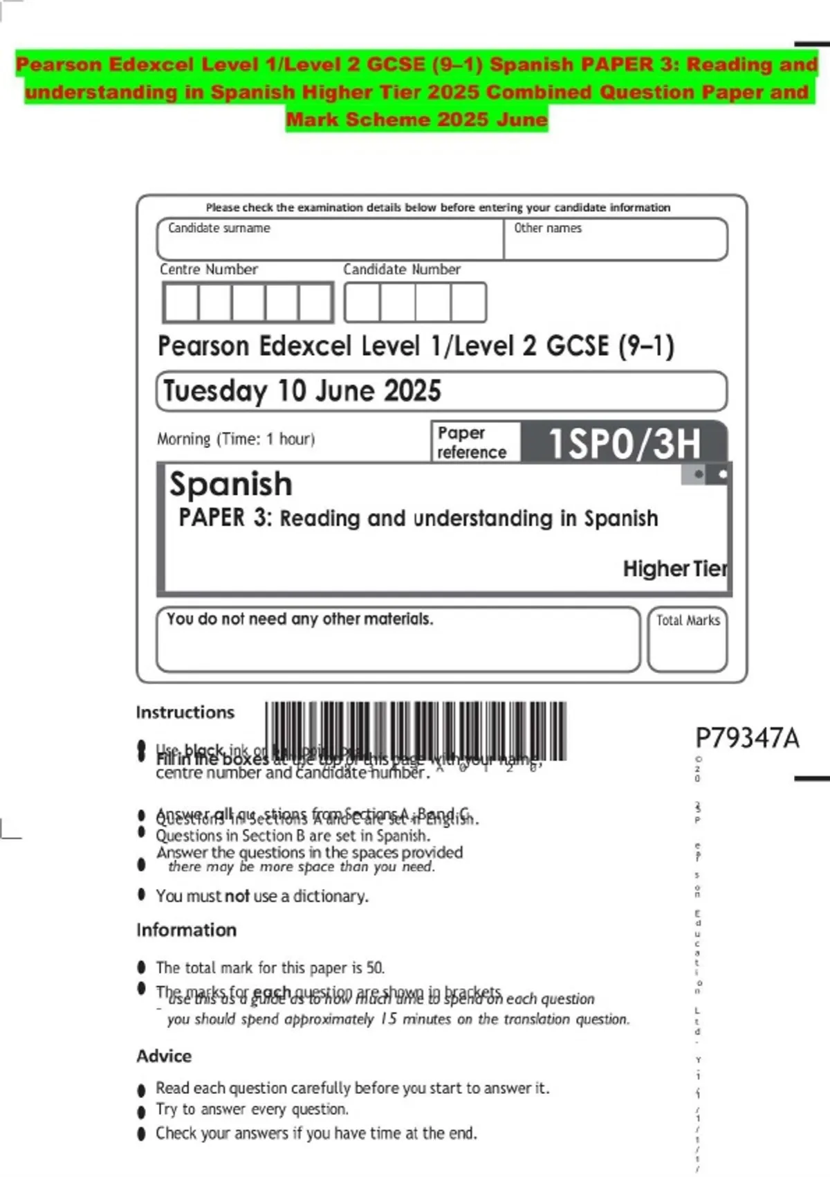Pearson Edexcel Level 1/Level 2 GCSE (9–1) Spanish PAPER 3: Reading and ...