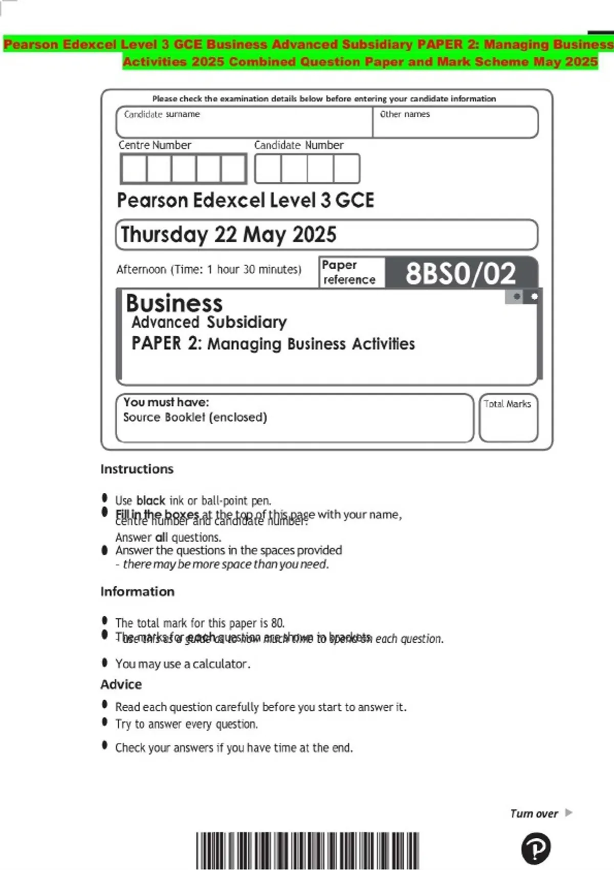Pearson Edexcel Level 3 GCE Business Advanced Subsidiary PAPER 2 ...